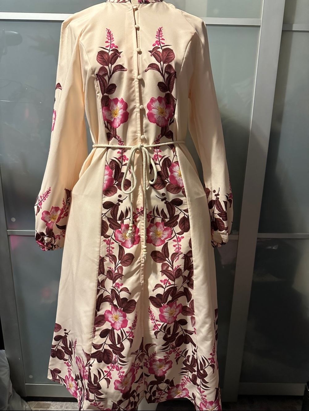 Floral Belted Cream Maxi Dress with Pink Accents